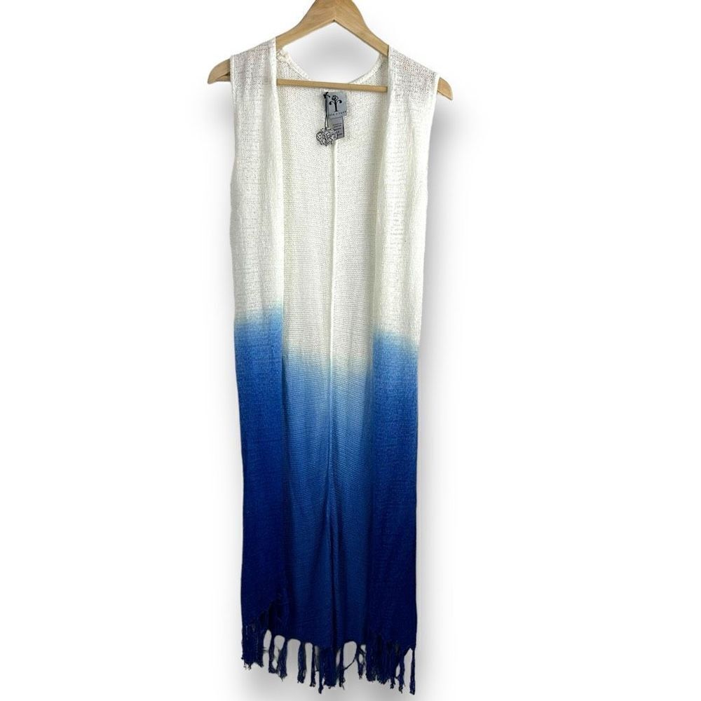 Rain + Rose Women's Size M Sleeveless Open‎ Knit Ombre Duster Blue Fringe New
